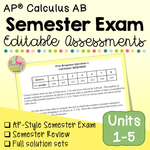 AP Calculus AB Semester Exam and Review (Editable)