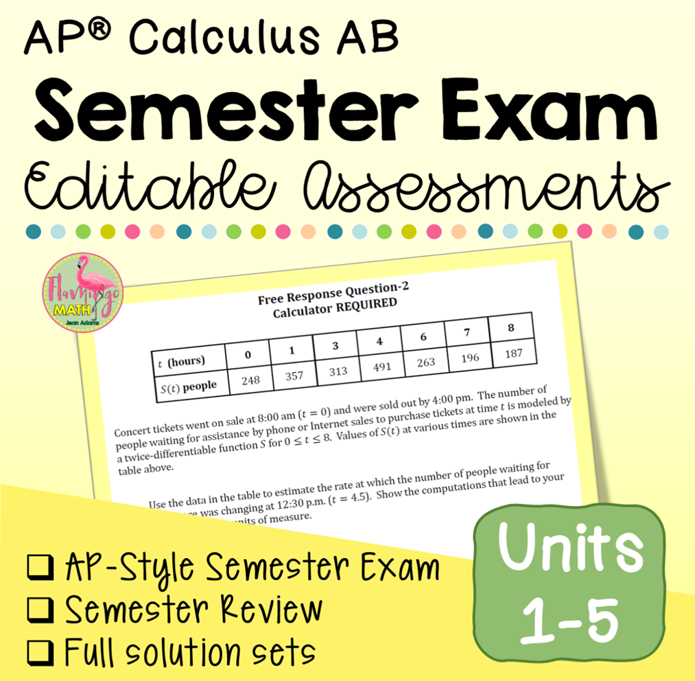 AP Calculus AB Semester Exam and Review (Editable)