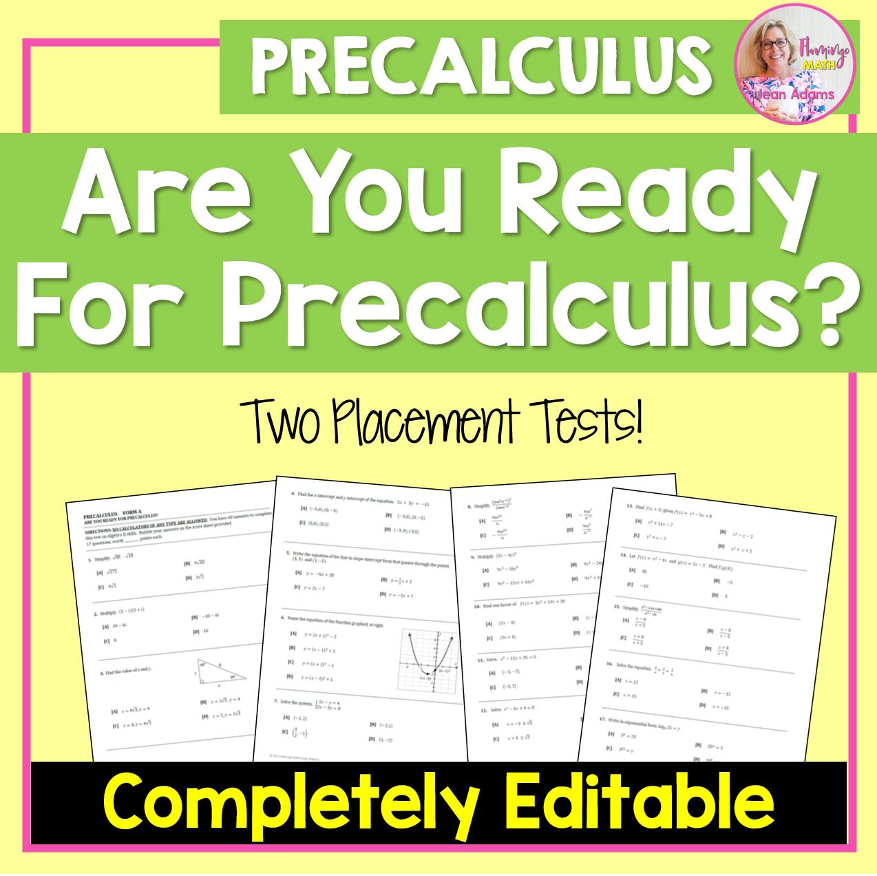 Are You Ready for Precalculus? Placement Pre-Test (Editable)