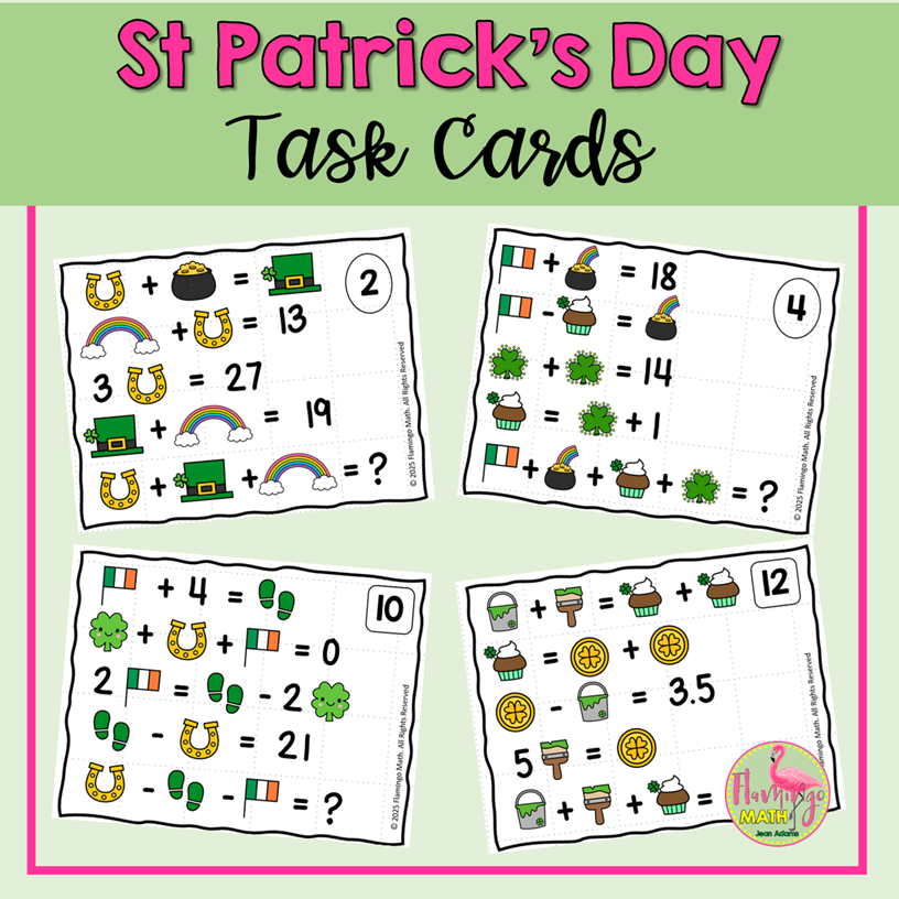 St. Patrick's Day Equations and Logic Puzzles Task Cards