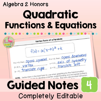 Quadratic Functions Equations Guided Notes (Algebra 2 - Unit 4)